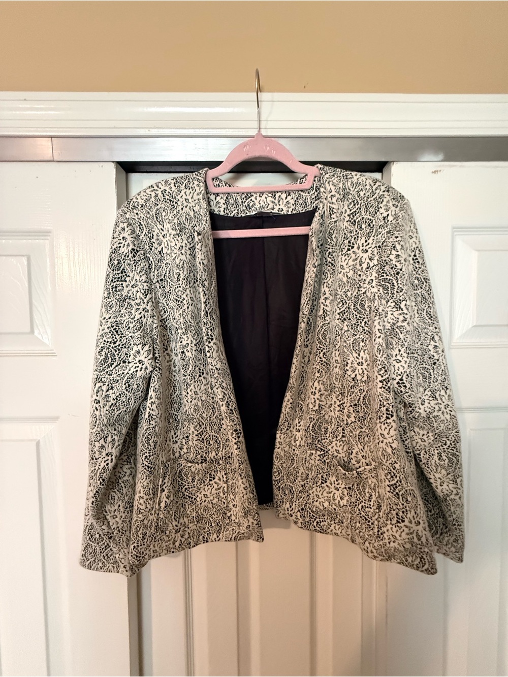 Christopher & Banks Black and White Lace-Effect Open Blazer